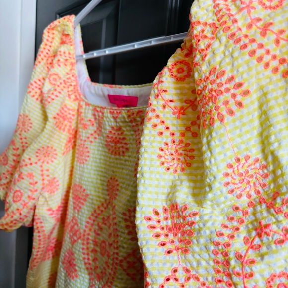 Lilly Pulitzer Lettie Eyelet Seersucker Top Yellow Neon Coral Puff Sleeves L - Picture 3 of 11